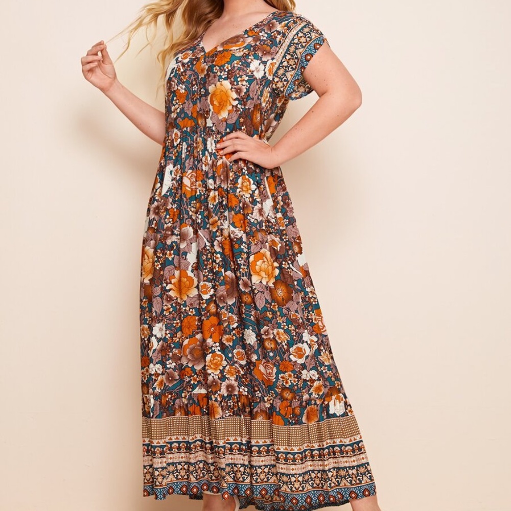 PLUS Boho V neck Floral Orange Maxi Dress - Picture 5 of 6